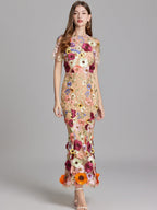 Embroidered 3D Floral Fitted Waist Short-sleeved Long Dress
