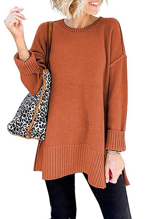Side Split Ribbed Trim Loose Mid Sweater