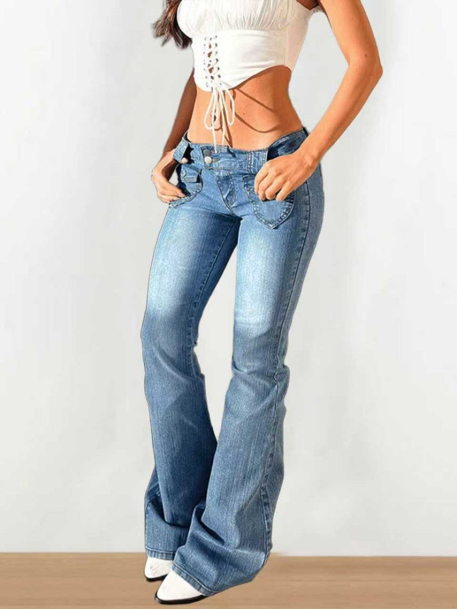 Washed Slim-fit High Stretch Low-rise Flared Jeans
