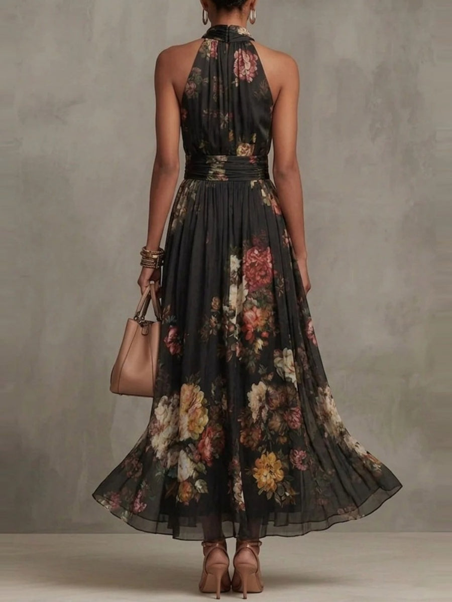 Halter Printed Elegant Temperament Stand Collar Vacation Maxi Dresses