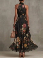 Halter Printed Elegant Temperament Stand Collar Vacation Maxi Dresses