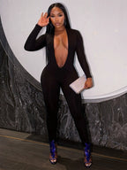 Deep V Backless Tight-fitting, Hip-lifting, Long-sleeved, Solid Color Bodysuits