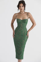 Floral Lace Underwire Corset Spaghetti Strap Paneled Seam Midi Dress