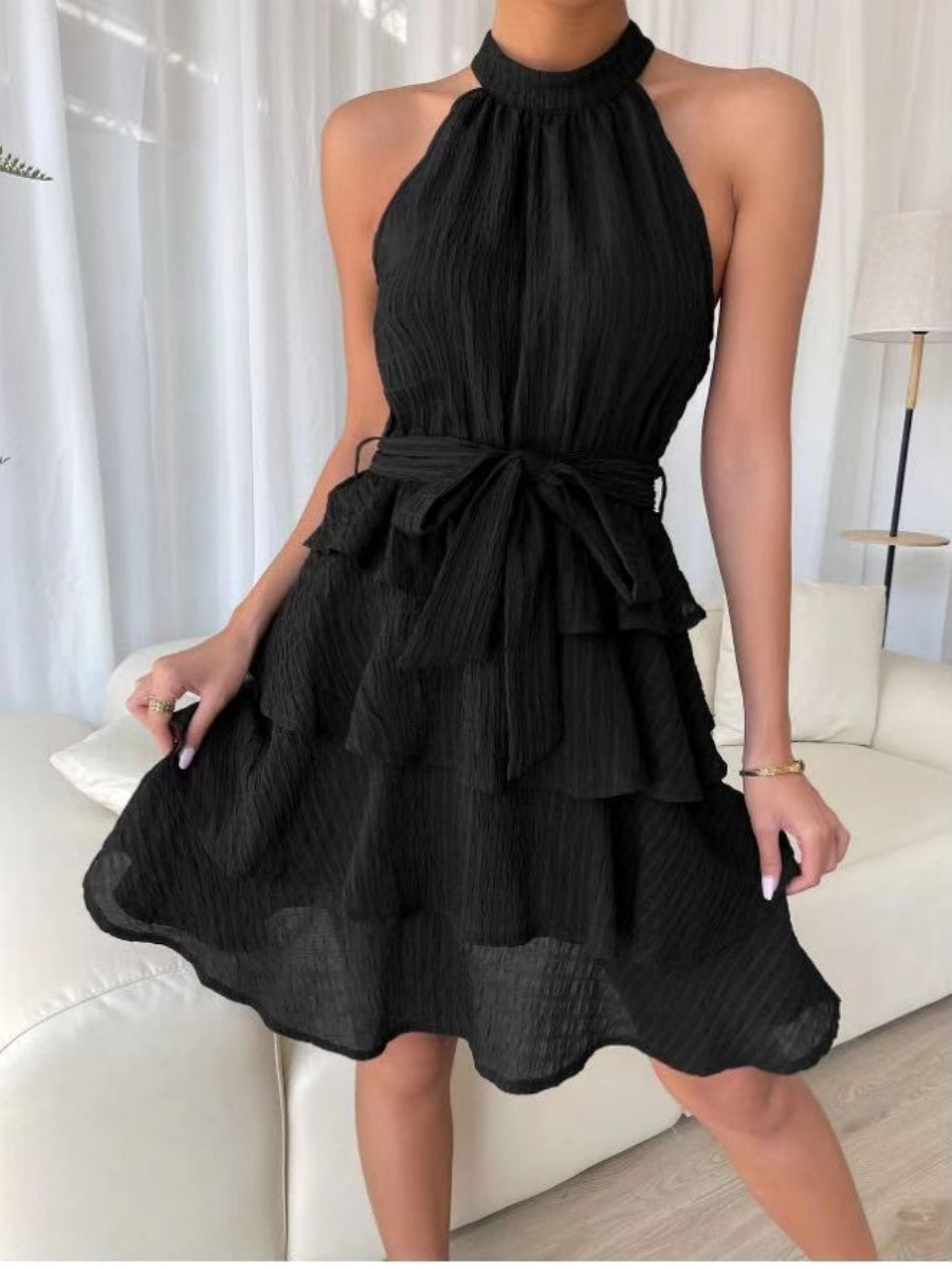 Halter Sleeveless Ruffle Black Mini&Short Dresses