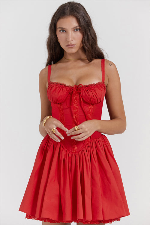 Lace Trim Corset Tie Front Bustier Gathered Skirt Mini Dress