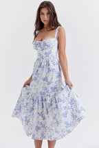 Sweetheart Bustier Wide Strap Floral Tiered Ruffle Midi Dress