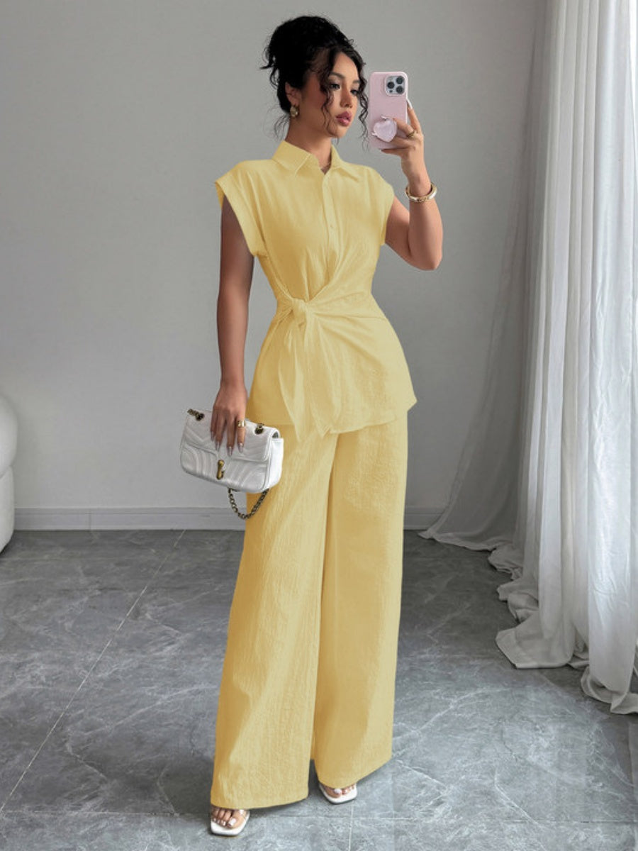 Lapel Sleeveless Kink Shirts Wide-leg Pants Business Suit 2-piece Sets