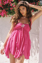 Strapless Neck Scarf Tie Starfish Brooch Tiered Ruffle Fruit Print Mini Dress