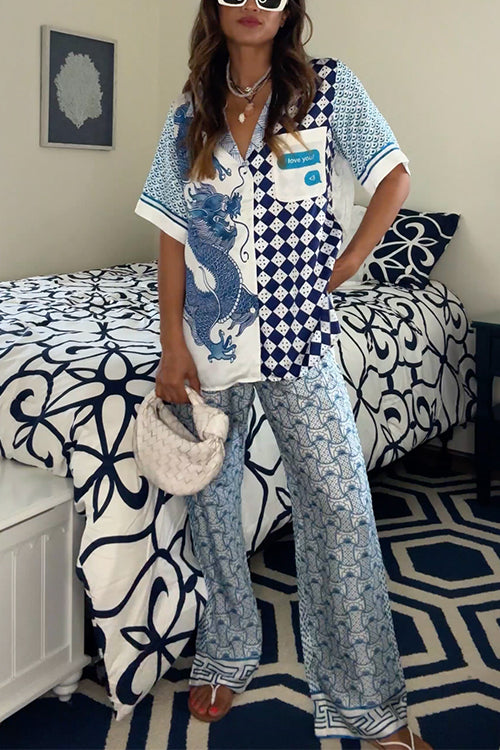 Short Sleeves Blouse Shirt Wide Leg Pants Color Block Unique Print Set