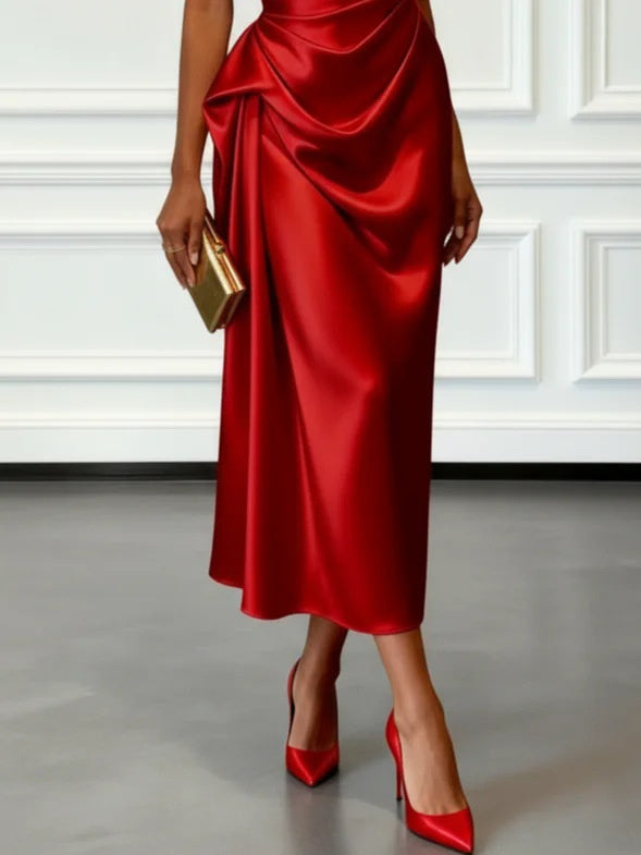 Off-the-shoulder Satin Pleated Midi Dress