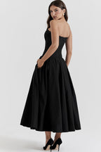 Strapless Plunging V-Neck Corset Bodice Box Pleat A-Line Midi Dress