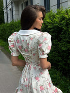 Waist Printed Floral Lapel Puff Sleeve Sweet Mini&Short Dresses