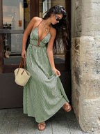 Stripes Color-blocked Splicing V-neck Hollow Maxi Dresses