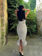 Polka Dot Fitted Ruched Skirt Midi Dress
