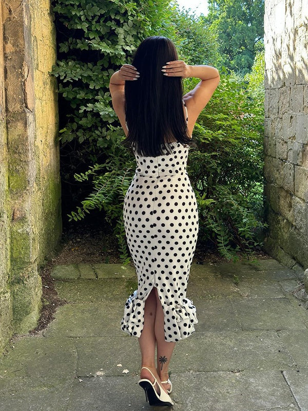 Polka Dot Fitted Ruched Skirt Midi Dress