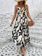 Leaf Print Hollow-Out Pleated Halter Neck Long Dress