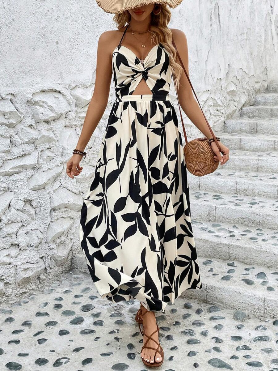 Leaf Print Hollow-Out Pleated Halter Neck Long Dress