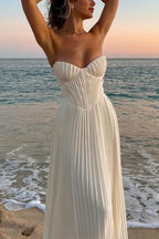 Strapless Waisted Corset Pleated Maxi Party Dress