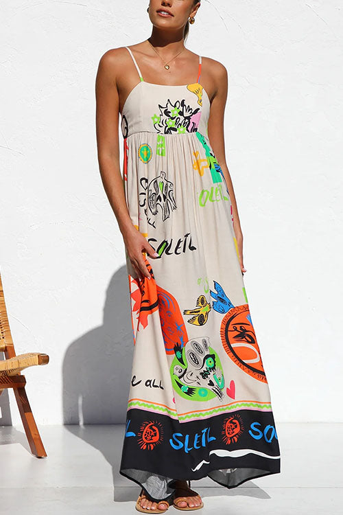 Tie Back Cut Out Graffiti Print Flowy Maxi Cami Dress