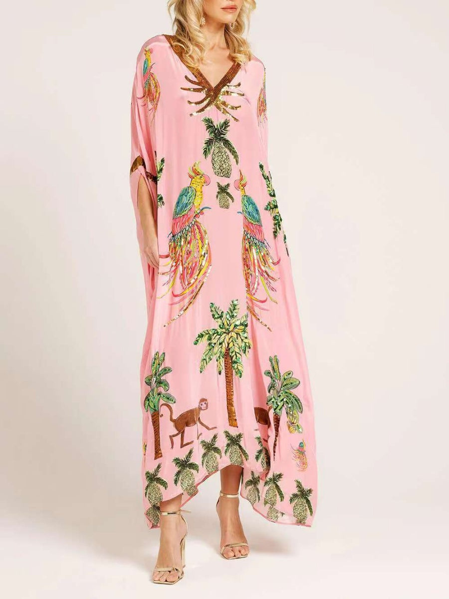 V-neck Floral Print Loose-fitting Long Dress