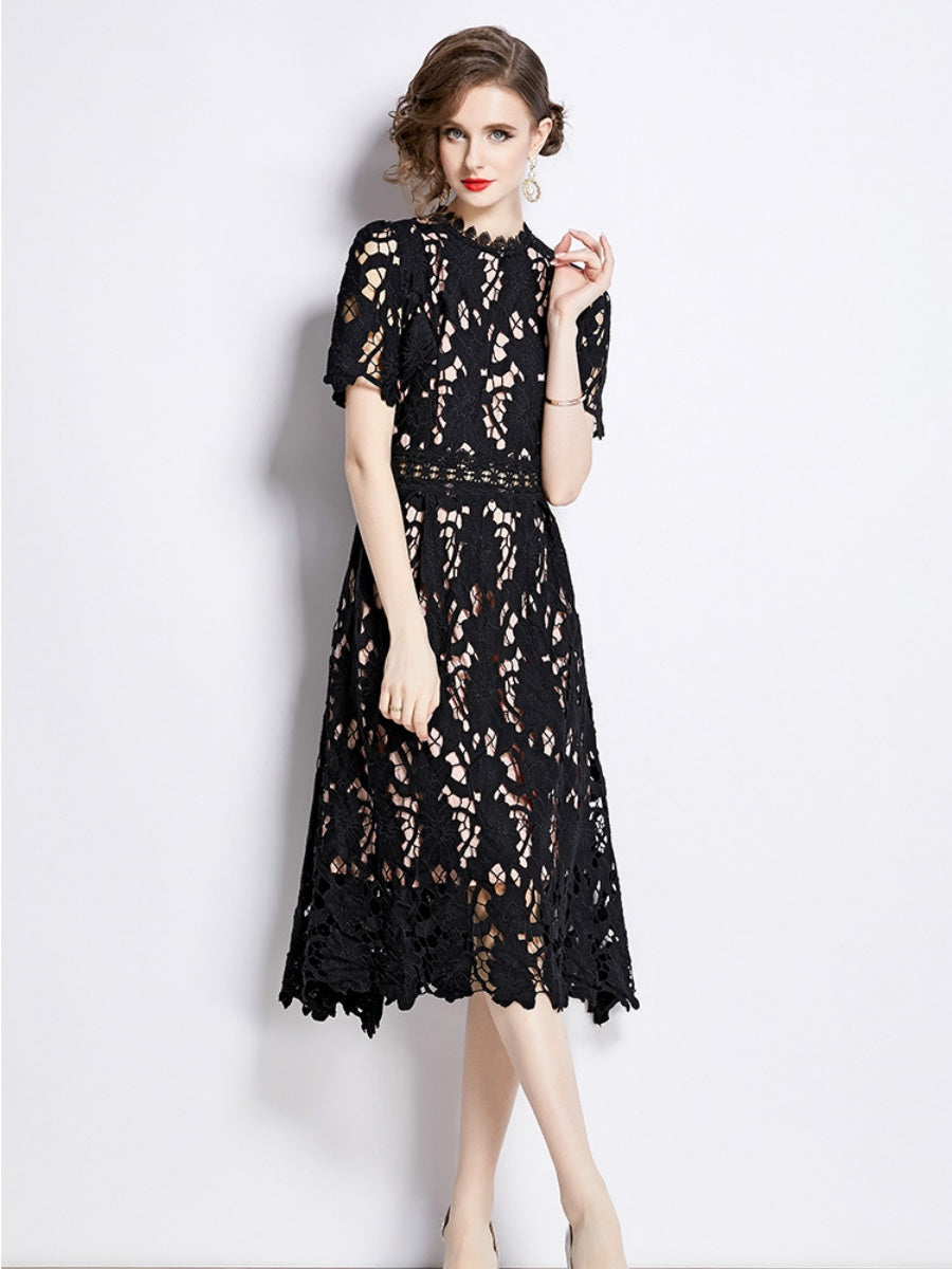 Water-soluble Lace Short-sleeved Slim-fit Midi Dress