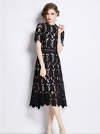 Water-soluble Lace Short-sleeved Slim-fit Midi Dress
