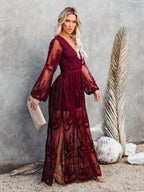 Lace Long-sleeved V-neck Solid Color Chiffon Long Dress
