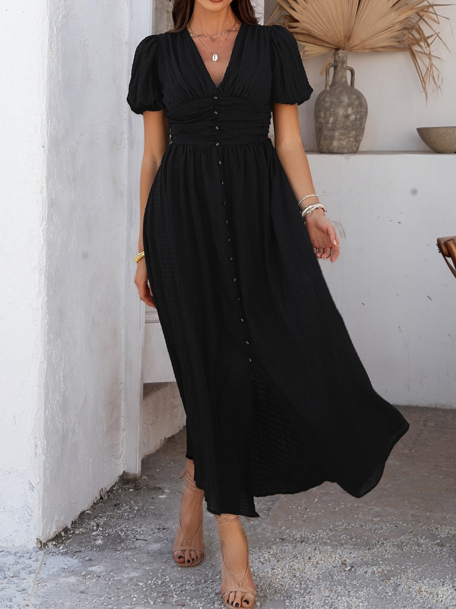 Slit Short Sleeve V-neck Vacation And Leisure Maxi Dresses