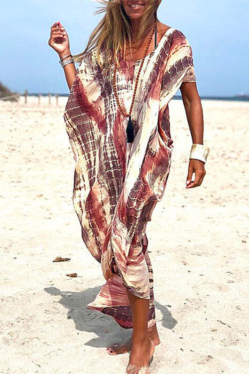 Tie Dye Short Sleeve Slit Oversized Beach Dress