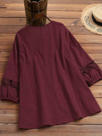 Tie-up Cotton And Linen Patchwork Lace Three-quarter Sleeve T-shirt