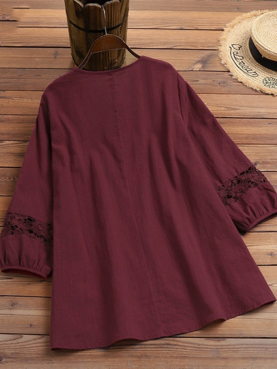 Tie-up Cotton And Linen Patchwork Lace Three-quarter Sleeve T-shirt
