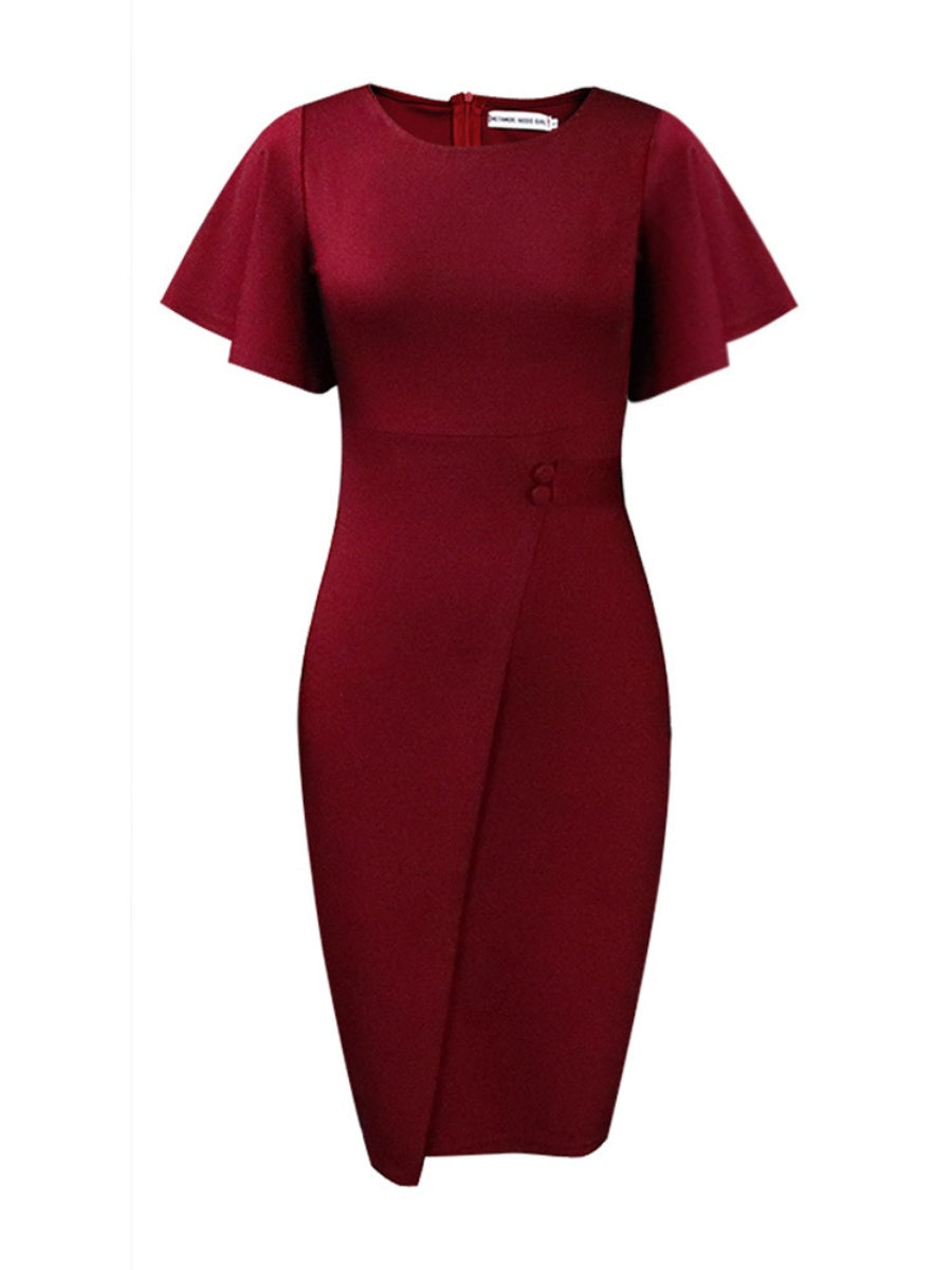 Commuting Lotus Leaf Sleeves Buttons Solid Color Mini&Short Dresses