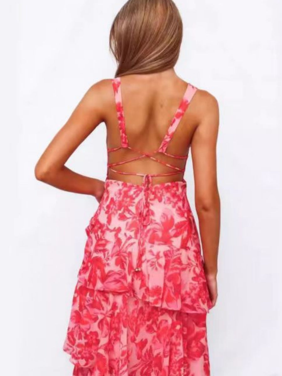 Floral Print Slim Fit Ruffled Spaghetti Strap Maxi Dress