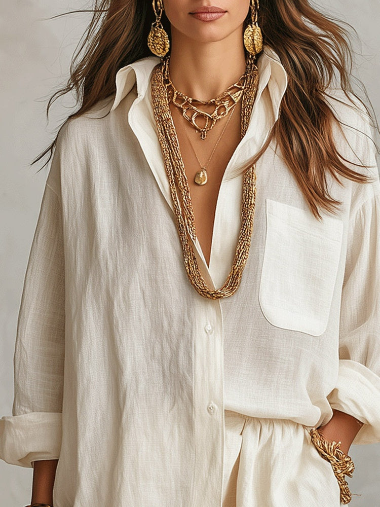 Lazy Style Shirt And Solid Color Shorts Two-piece Set
