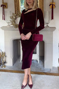 Cut Out Long Sleeves Velvet Bodycon Midi Dress