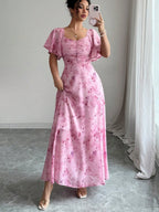 Floral Lotus Leaf Sleeves Sweetheart Collar Vacation And Leisure Maxi Dresses