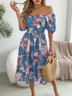 Ruffle Printed Vacation Off-shoulder Mini&Short Dresses