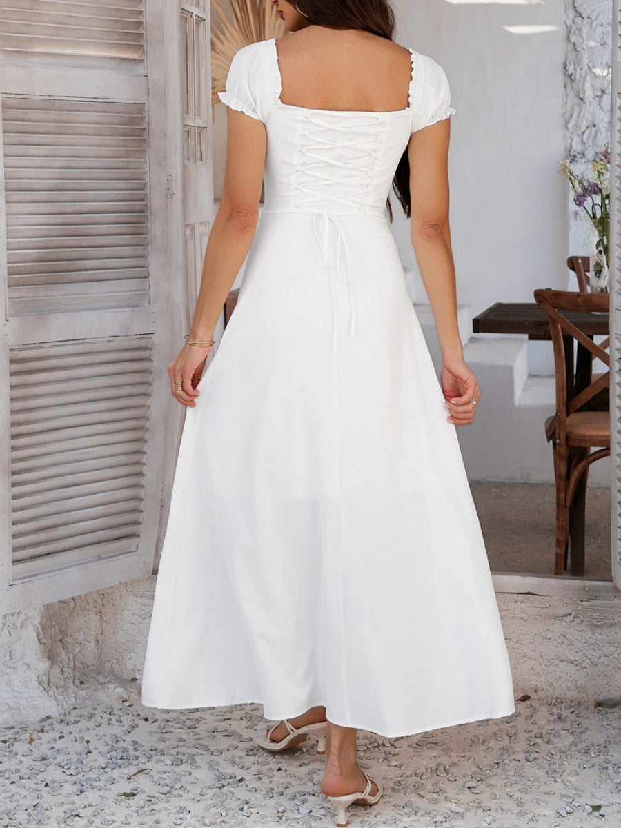 Tie-waist Ruched Puff Sleeve Long Dress