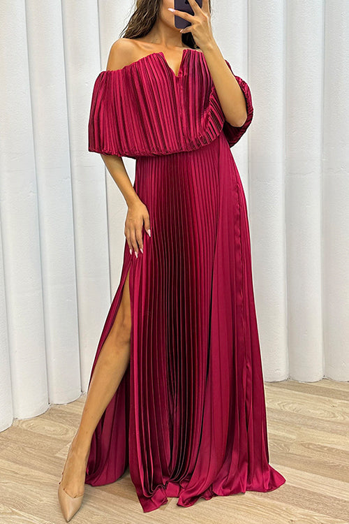 Off Shoulder Waisted High Slit Pleated Maxi Dress