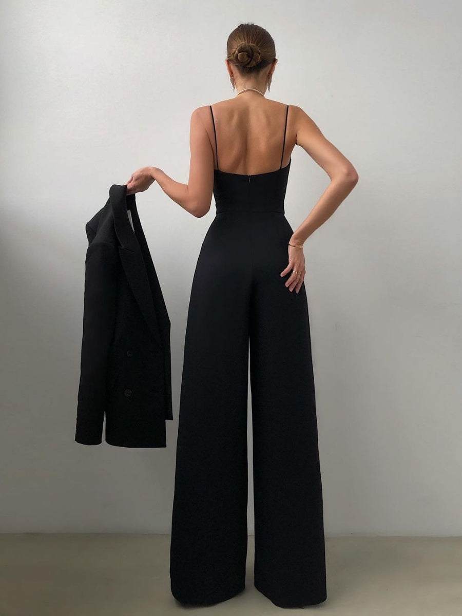 Minimalist Jumpsuit With Suspenders, Cinched Waist, Straight Leg, And Floor-length