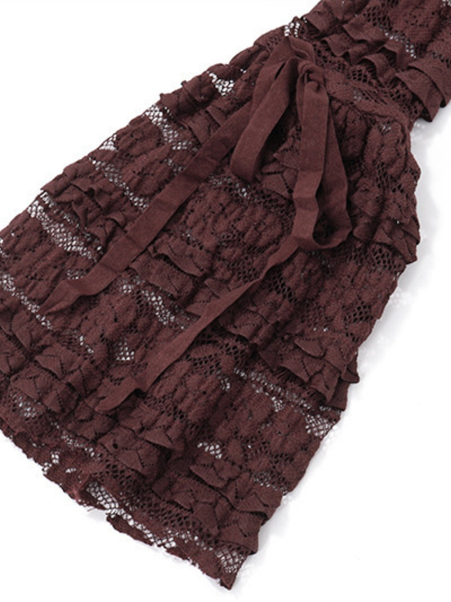Square Collar Lace Trim Lace Up Long Sleeve Mini&Short Dresses
