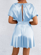 V-neck, Fitted Waist, Zippered, Glossy Short Dress
