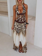 Halter Leopard Print Splicing Backless Beading Maxi Dresses