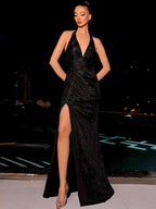 Halter Fine Flash V-neck Slit Parties Maxi Dresses
