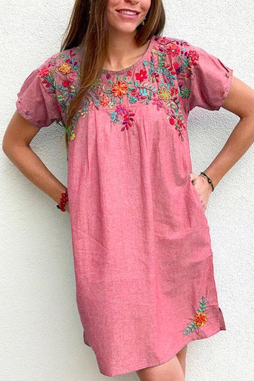 Side Split Pockets Floral Embroidered Dress
