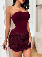 3D Floral Textured Strapless Waist-cinching Short Dress