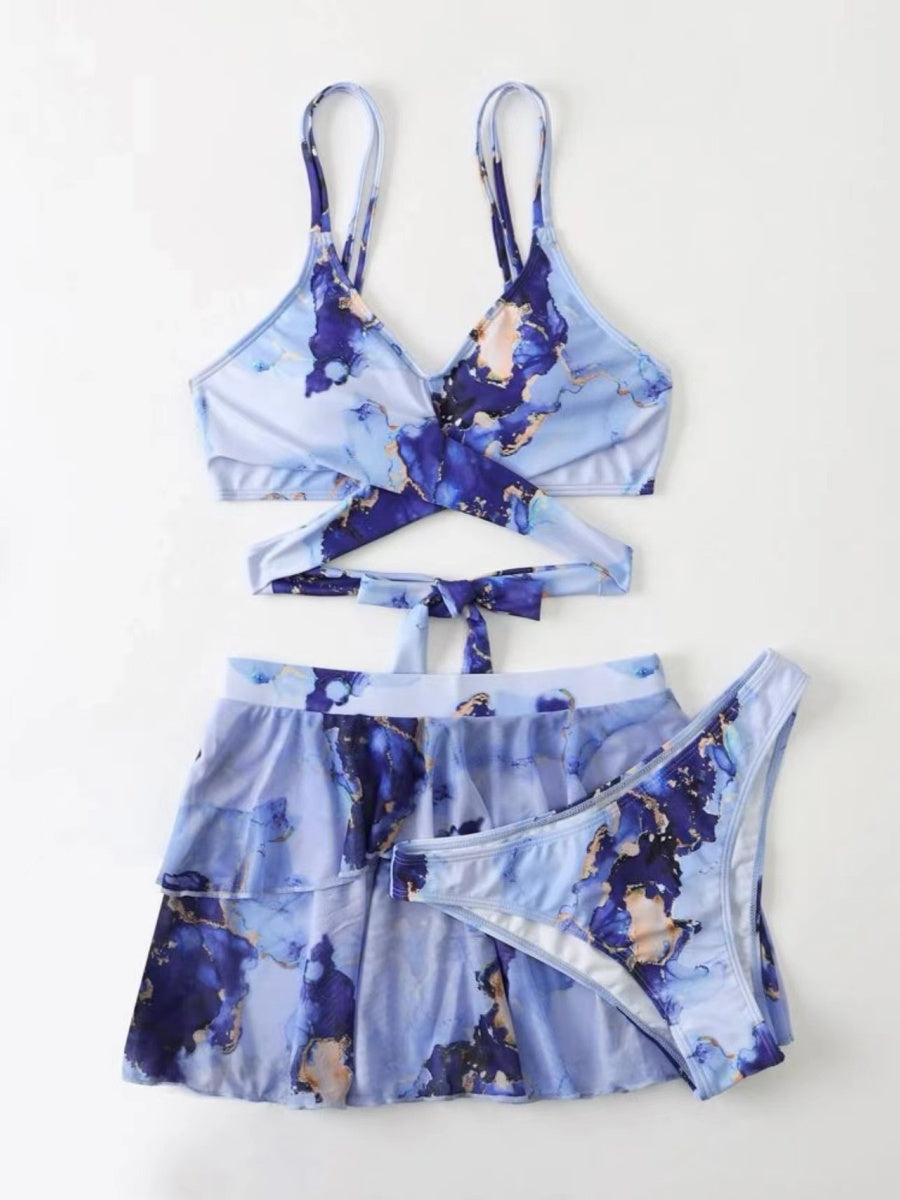 Marble Print Bikini Beach Dress Three-Piece Set