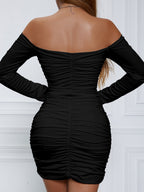 Off-the-shoulder Long-sleeved Pleated Bodycon Short Dress