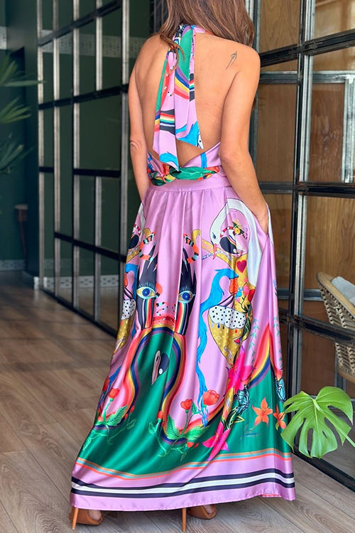 Unique Print Cowl Neck Tie Knot Backless Top and Pocketed Maxi Skirt Set