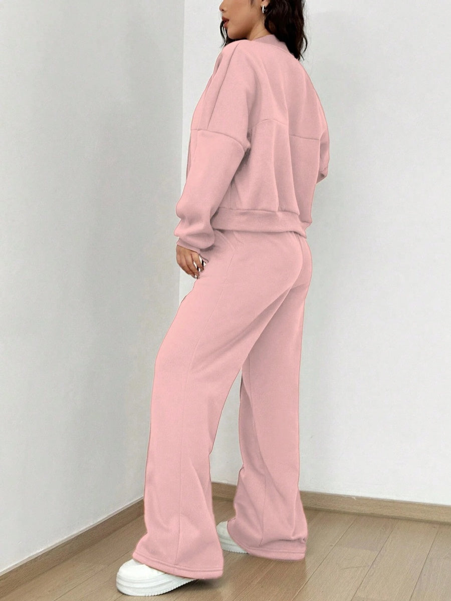 Sports And Leisure Solid Color Crew Neck Zipper 2-piece Sets